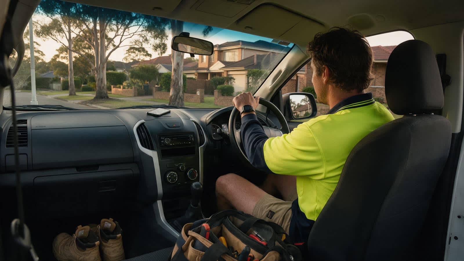 A tradie in a hi-vis shirt sitting in his ute at dusk with his phone face down on the dash