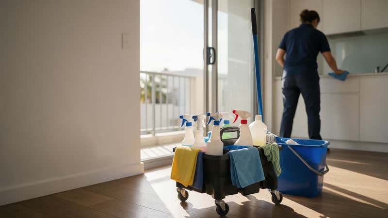 A cleaner's caddy of spray bottles and cloths beside a mop bucket in a bright, empty apartment after the tenants moved out