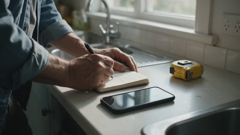 A plumber writing a quote in a notebook on a kitchen bench, phone face down beside it