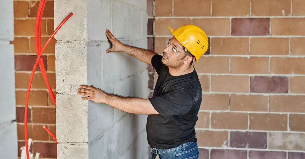 Builder checking a block wall on a building site