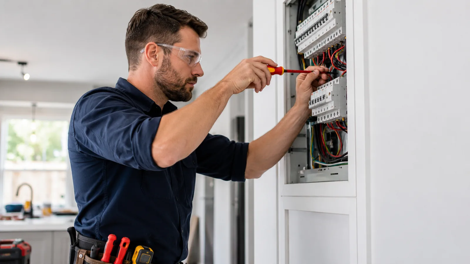 Electrician testing a switchboard in a home