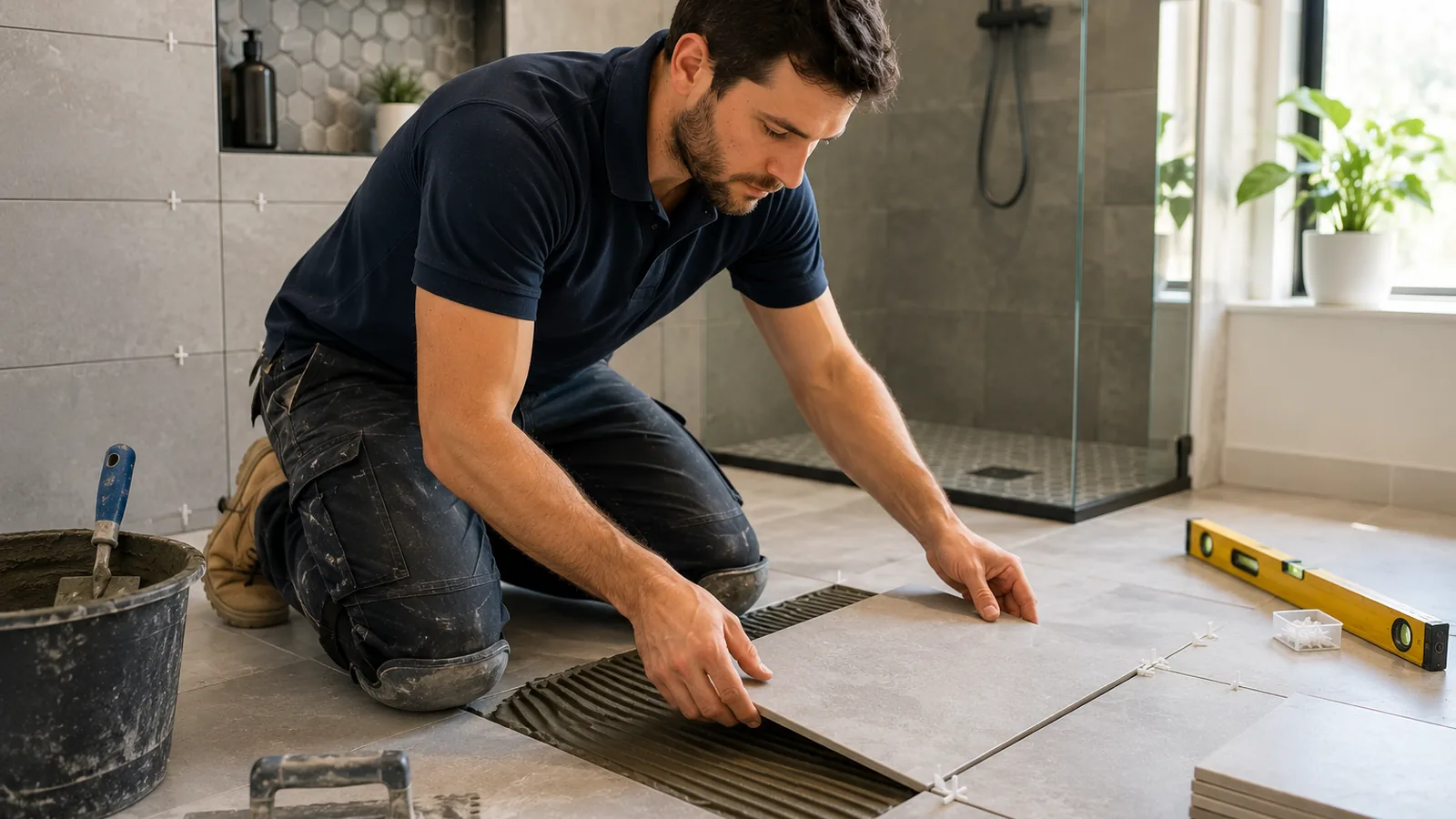 Tiler laying floor tiles in a bathroom