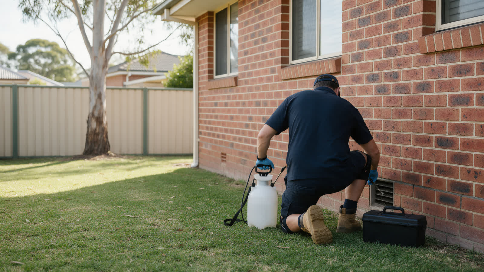 A pest control technician kneeling at the subfloor vent of a red brick house, a backpack sprayer on the lawn beside him
