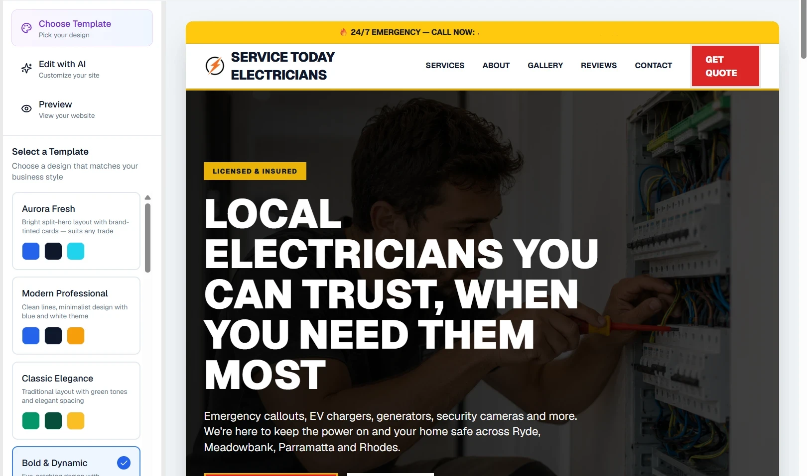 Bold trade website — dark hero, big type
