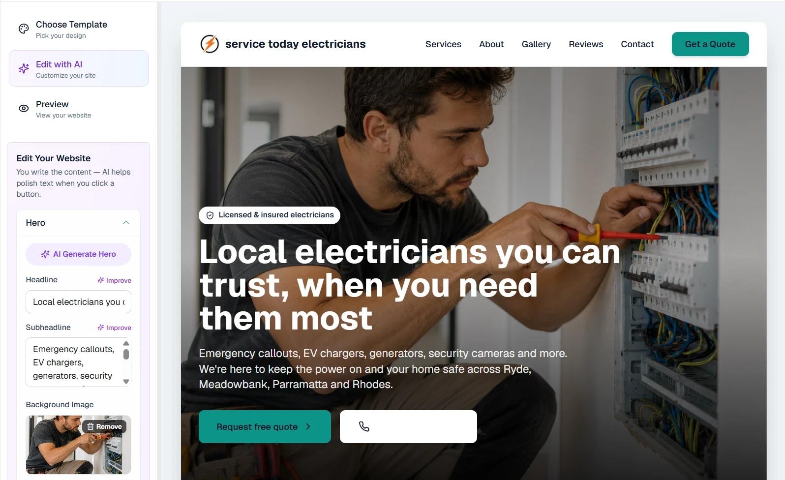 Clean trade website — photo hero, light nav