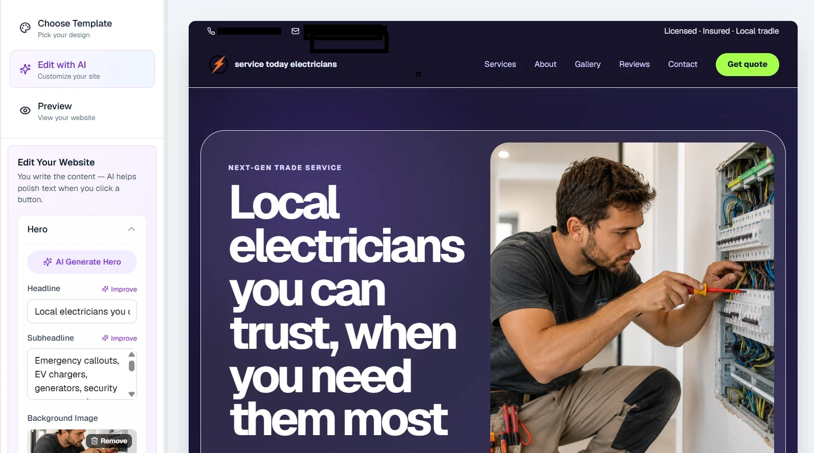Modern trade website — split hero with photo