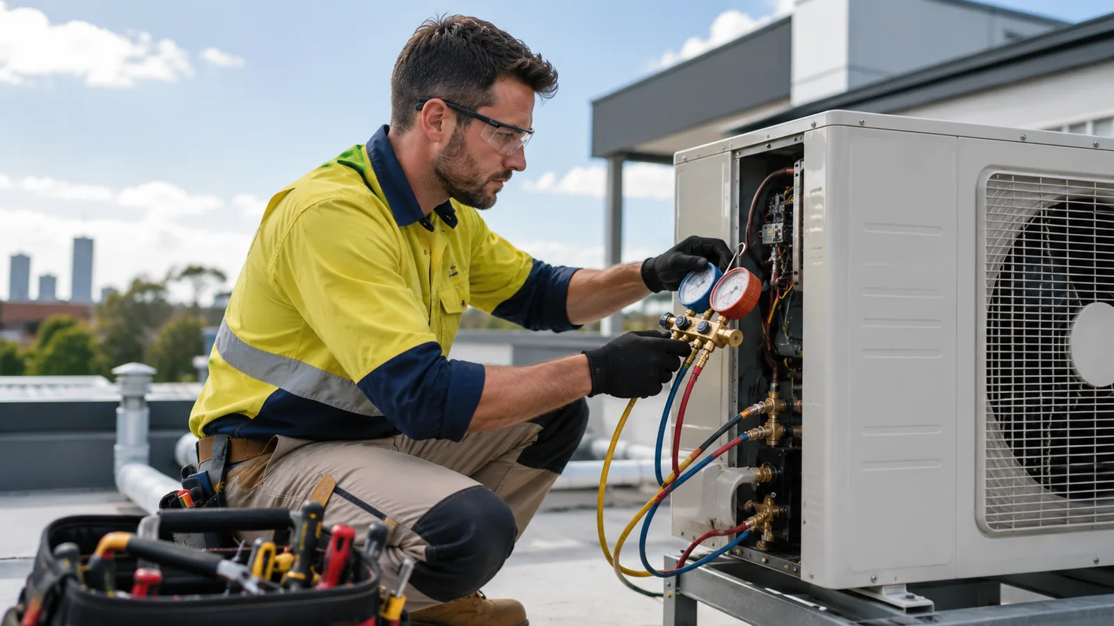 HVAC & Air Conditioning on site — the kind of work Galaxera handles the admin for